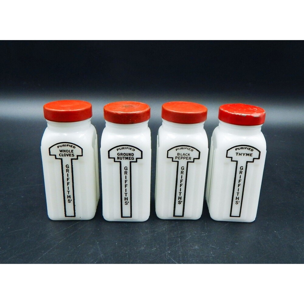Griffith’s Milk Glass Spice Jars Bottles Set 4 Black Print Red Lids Thyme Nutmeg